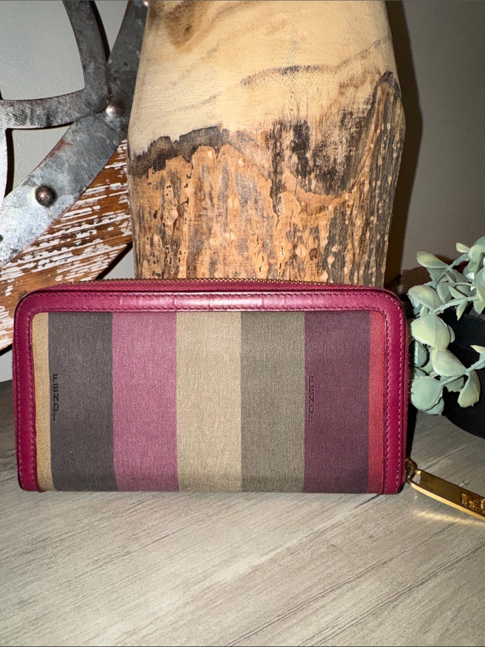 Fendi Striped Zip Wallet - Burgundy & Brown